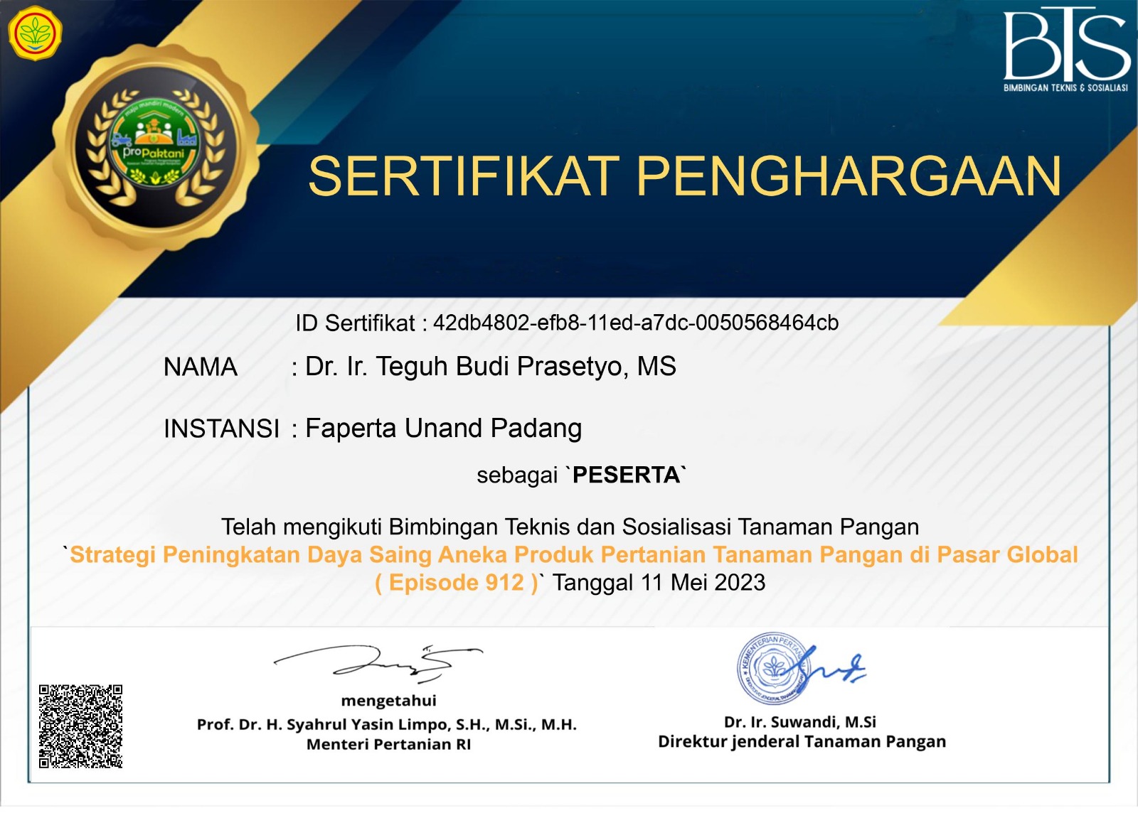 Sertifikat Webinar Nasional Propaktani Episode 912 - Document ...